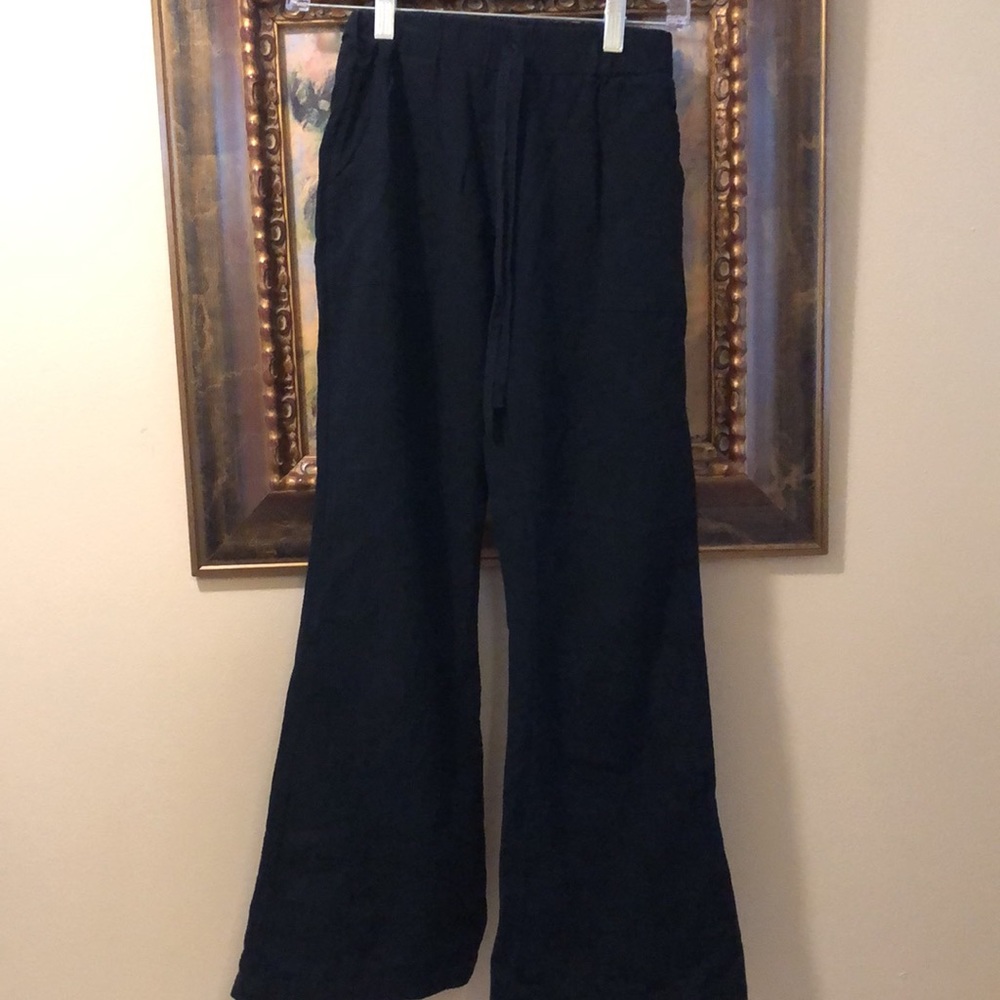 🖤 Linen blend flare bottom high elastic tie waist pocket pants
